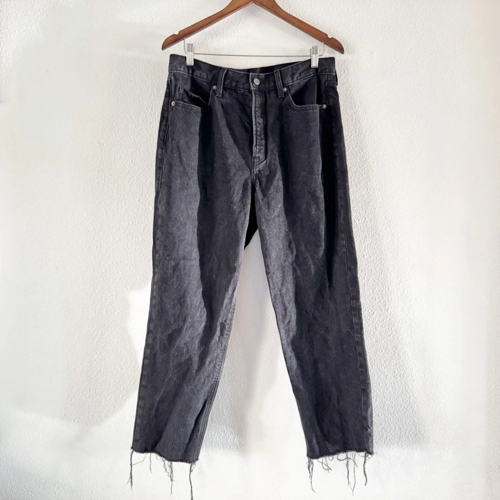 OLD NAVY Sky-Hi Straight Jeans Size 12 Extra High Rise Black Raw Hem Button Fly - Picture 2 of 16